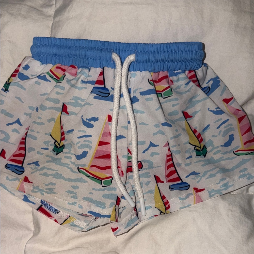 Kids Sailboat Print Swim Trunks - Light Blue